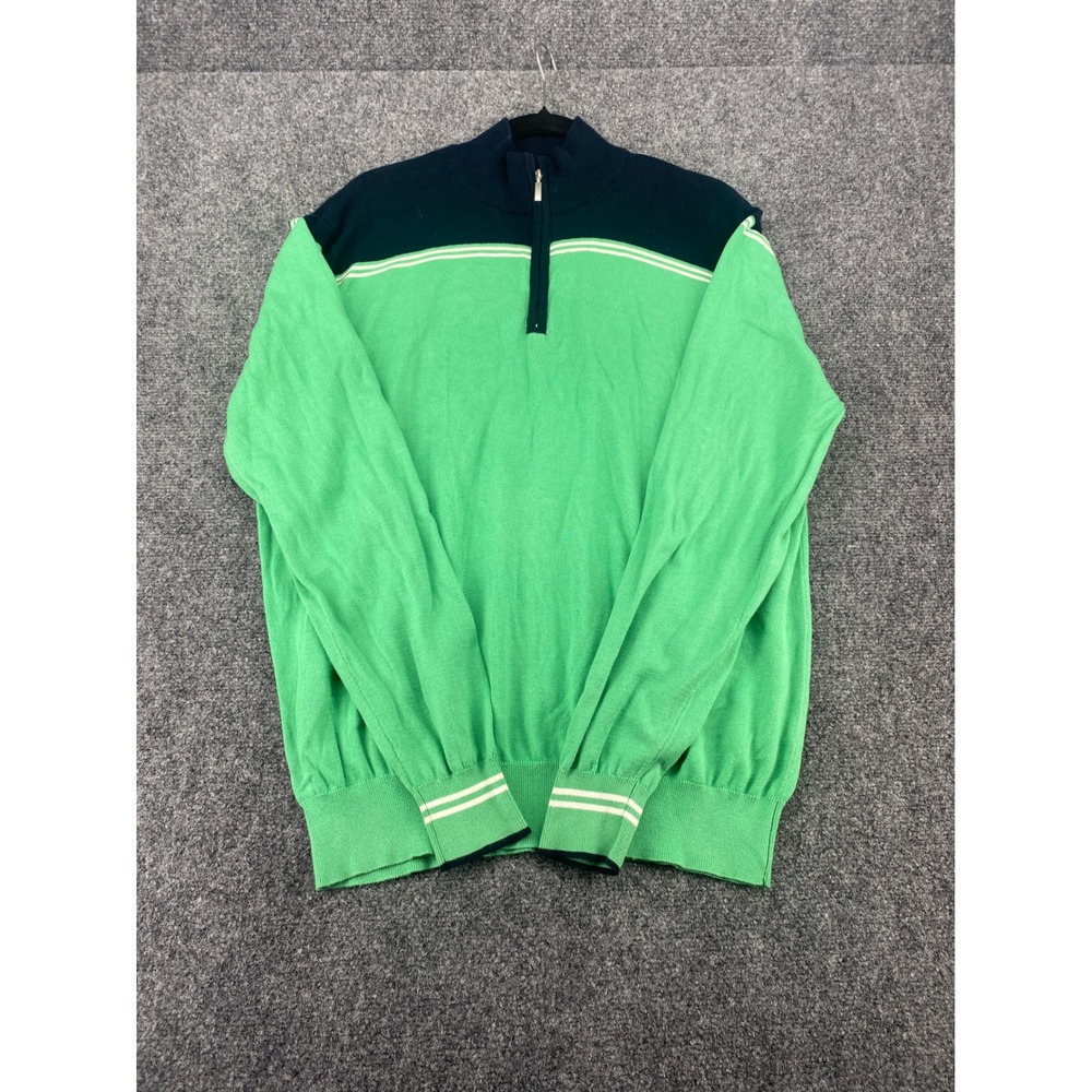 Toscano Sweater Mens Large Green Navy Blue 1/4 Zip Combed Cotton Striped Sweater